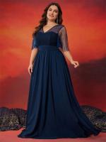 Vestido Largo De Noche Elegante Para Mujer Talla Grande Azul De Chiffon Con Cuello V Y Espalda Abierta Vestido De Boda Y Fiesta De Premio - details 1