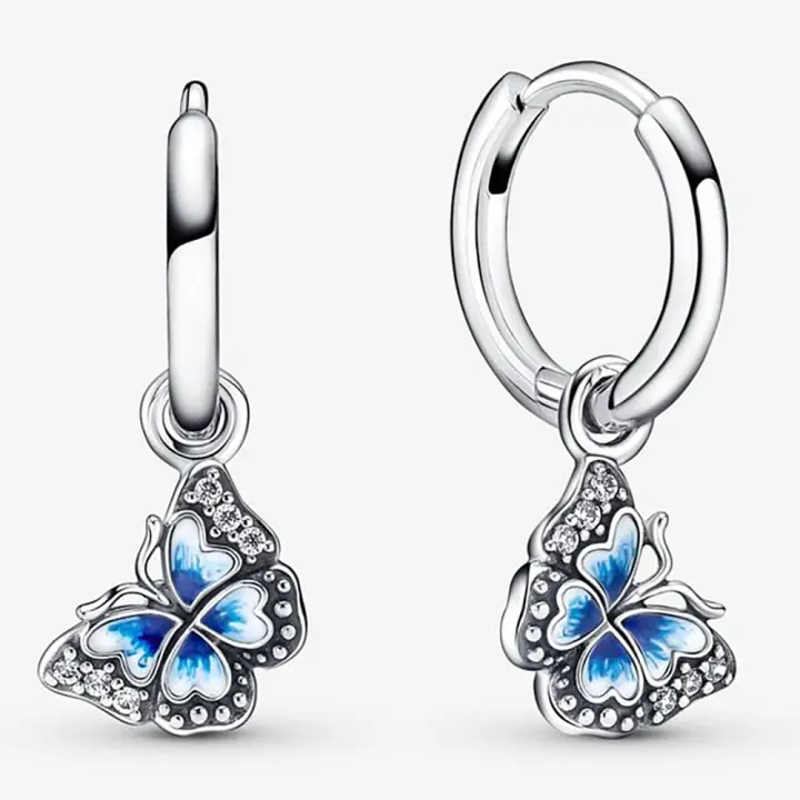 Pandora Pendientes de Aro en Plata de Ley Mariposa Azul Abrazo，Incluye Caja Original - 1