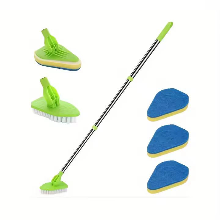 2-in-1 Long Handle Shower Scrub Brush Set with Adjustable Cleaning Head, One Stiff Bristle and Three Sponge Attachments, Manual Multipurpose Bath, Tile, and Tub Cleaner, Living Room Applicable, Electricity-Free Operation. Gl - 1