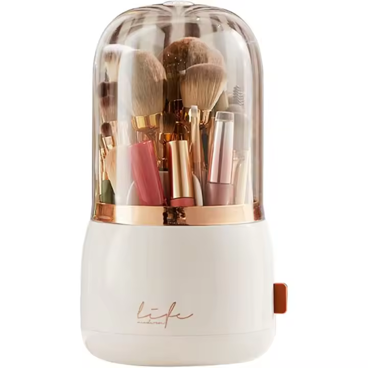 Organizador de maquillaje, soporte para brochas de maquillaje, giratorio 360 grados, con tapa a prueba de polvo, organizador de cosméticos giratorio de acrílico, almacenamiento para lápiz labial - 1