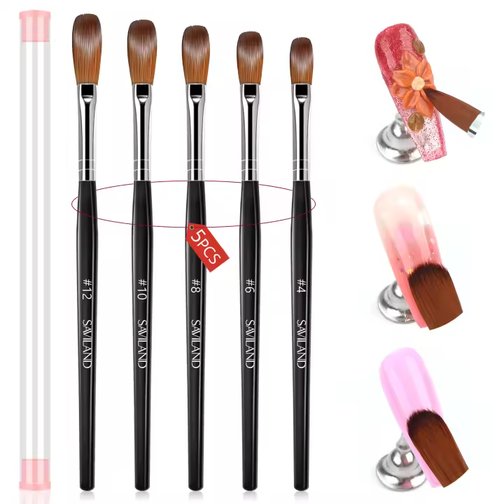 Saviland Set De 5 Pinceles De Uñas Acrílicas Profesionales Fibra De Níquel Redonda Para Aplicación De Acrílico Tamaños 4#6#8#10#12# - 1