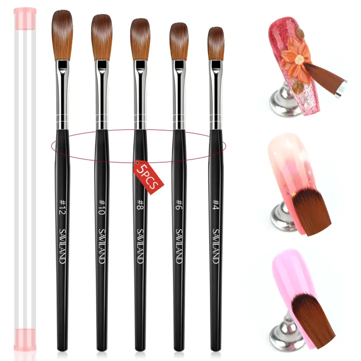Saviland Set De 5 Pinceles De Uñas Acrílicas Profesionales Fibra De Níquel Redonda Para Aplicación De Acrílico Tamaños 4#6#8#10#12# - 1