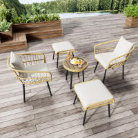 Juego de 5 sillas de Ocio de Jardín incluye 1 Mesa de Comedor, 2 Sillas, 2 taburetes, muebles, ratán, color natural - details 0