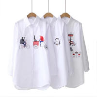 Camisa De Mujer Estilo Coreano Con Estampado De Torre De Hierro Hierro Primavera Blanca Cuello En V Manga Larga Casual - details 6