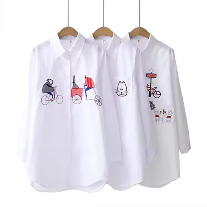 Camisa De Mujer Estilo Coreano Con Estampado De Torre De Hierro Hierro Primavera Blanca Cuello En V Manga Larga Casual - 1