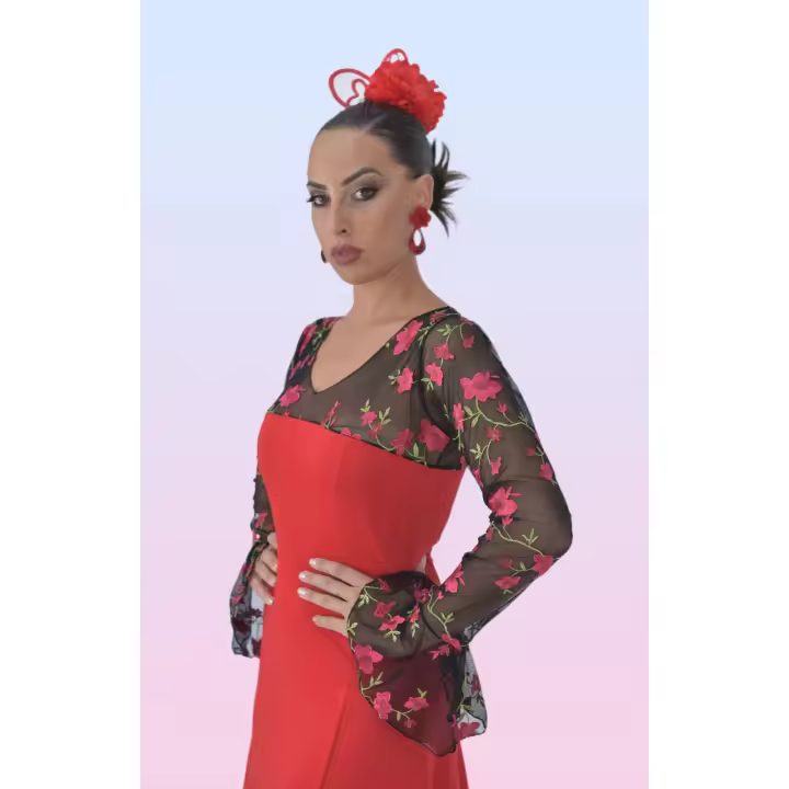 Vestido Flamenco con Blonda elástica bordada en flores y cuerpo con 6 nesgas y mucho vuelo - 1
