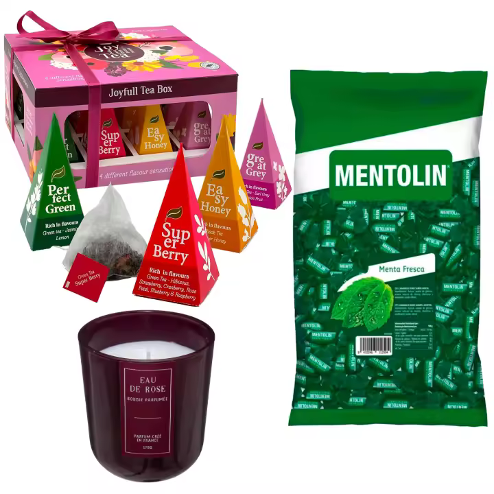 Pack relax: MENTOLIN MENTA FRESCA BOLSA 1KG + Vela en vidrio rosa de silicona 170 g + WELL HOME - Caja de Té Joyfull con variedad de sabores - 1