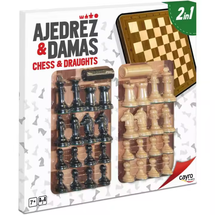 Cayro - Juego  Ajedrez y Damas con Tablero de Madera -Juego  Clásico de Mesa - con 48 Piezas en 2 Colores - - 1