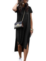 Vestido Corto Negro De Moda Con Diseño De Abertura Lateral Casual Y Versátil Vestido De Polyester Con Estiramiento Medio - details 2