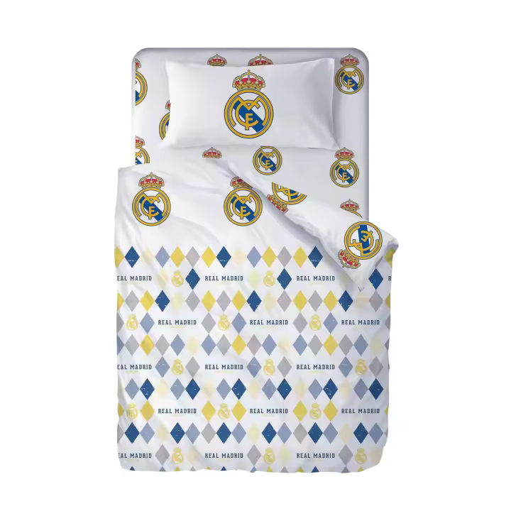 Real Madrid C.F. Juego de Sábanas Real Madrid CF - Verano | Licencia Oficial | Diseño Escudo Centrado | Fondo Blanco, Con Rombos | 50% Algodón/50% Poliéster - 1