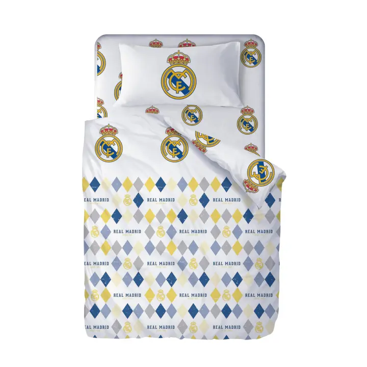 Real Madrid C.F. Juego de Sábanas Real Madrid CF - Verano | Licencia Oficial | Diseño Escudo Centrado | Fondo Blanco, Con Rombos | 50% Algodón/50% Poliéster - 1