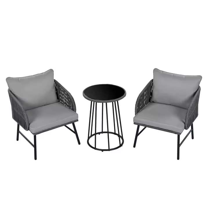 Juego de Bistro 3 Piezas, Juego de Muebles de Balcón, Cuerda Trenzada a Mano, Tabla de Vidrio, Sillas con Capacidad de Carga de 160Kg, para Terraza, Jardín y Balcón, Gris - 1