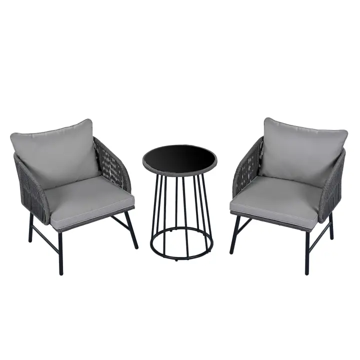 Juego de Bistro 3 Piezas, Juego de Muebles de Balcón, Cuerda Trenzada a Mano, Tabla de Vidrio, Sillas con Capacidad de Carga de 160Kg, para Terraza, Jardín y Balcón, Gris - 1