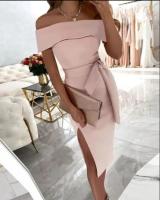 Vestido De Mujer Elegante De Verano Largo Hasta La Rodilla En Color Sólido Con Cuello En Línea Sola Y Abertura Regular - details 1