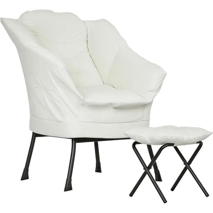 Sillón de Salón con Reposapiés Sillón de Relax Butaca para Dormitorio con Bolsillos Laterales y Patas de Acero para Sala de Estar Crema - 1