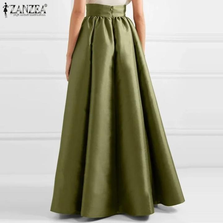 ZANZEA Falda De Satén Para Mujer Estilo Casual Vintage Elegante De Cintura Alta Largo Hasta El Suelo Color Sólido A-Line Oversized