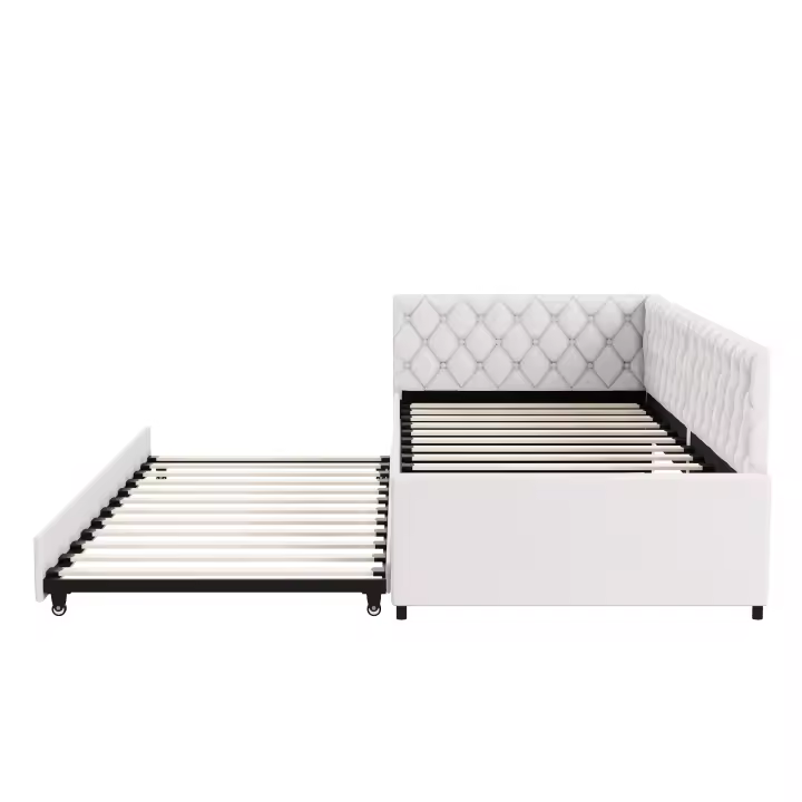 Cama Nido Infantil Juvenil 90x200 cm Tapizada en Terciopelo Beige/Gris, Cama Extensible con Cama Auxiliar Extraíble, Cabecero Capitoné y Somier de Láminas - 1