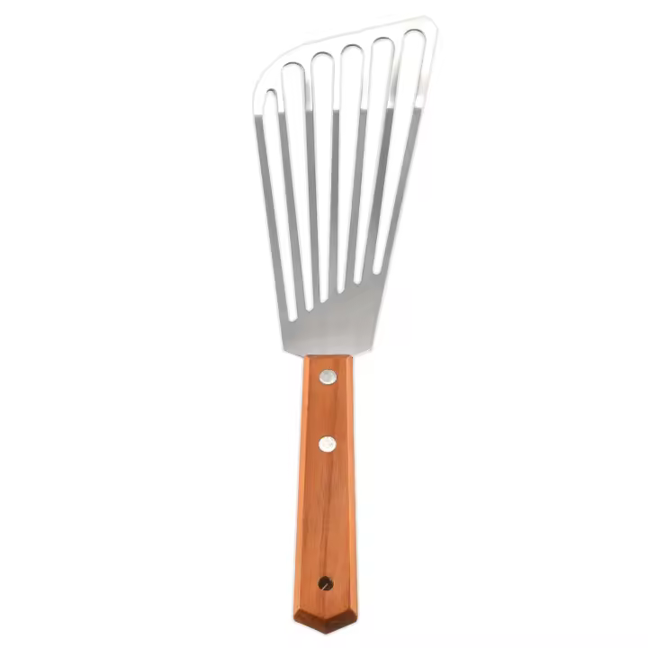 Espátula de acero inoxidable para pescado, espátula con mango de madera, giratoria ranurada, espátula de Metal para freír, cocina - 1