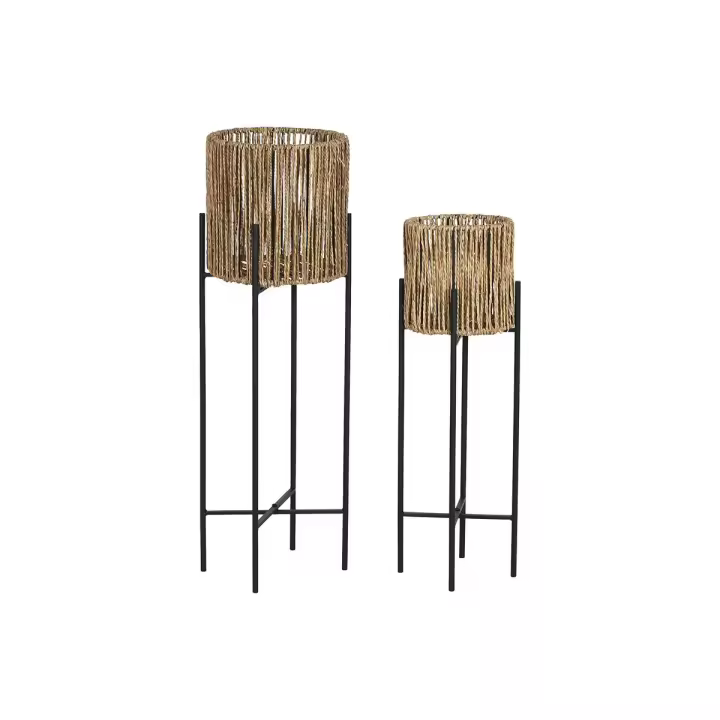 Set de Maceteros Home ESPRIT Negro Metal Fibra 23 x 23 x 76,5 cm - 1
