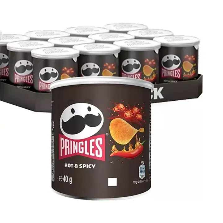 Pringles original, Hot & Spicy y BBQ - FECHA CONSUMO PREFERENTE 01.06.2025 Aperitivo a base de patata envasado en una pequeña y práctica lata con tapadera para abrir y cerrar tantas veces como quieras - Bandeja de 12 latas de 40 gramos cada una. - 1