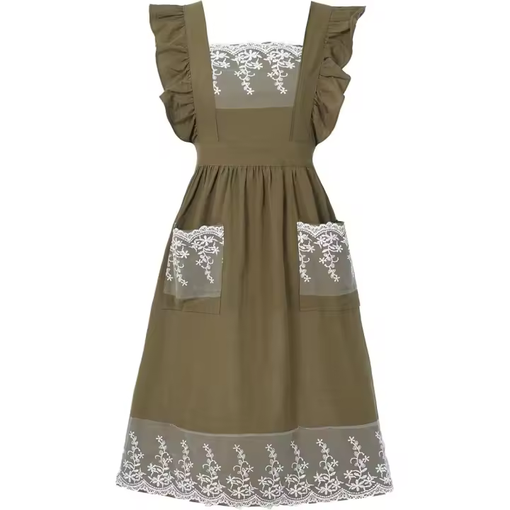 Delantales vintage para mujer con bolsillos, bonito delantal ajustable con volantes de encaje para cocinar, hornear y jardinería. - 1