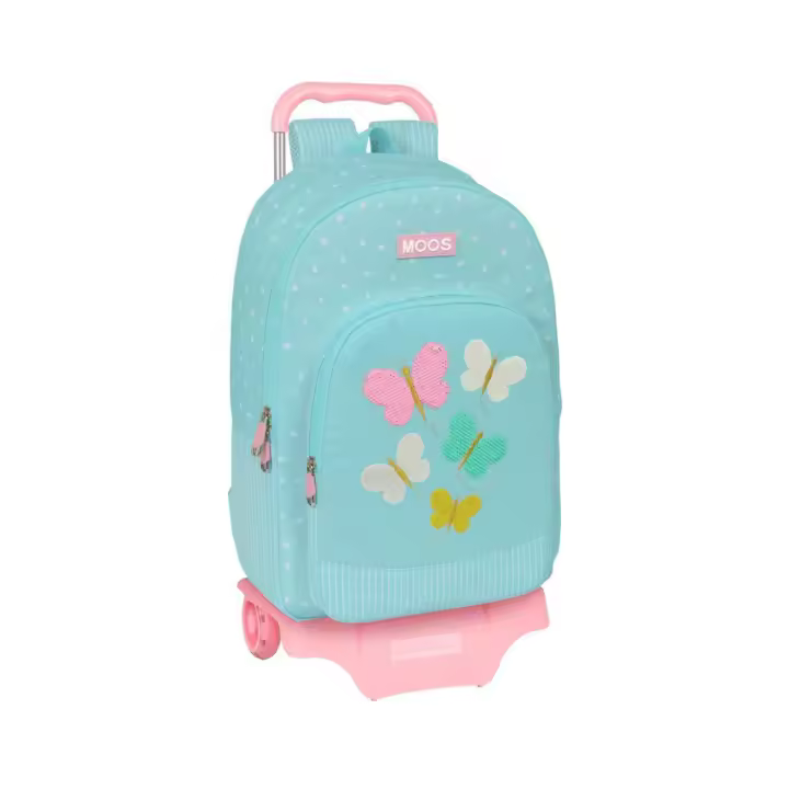 Mochila carro Butterflies  MOOS - Mochila con carro de 2 ruedas, doble compartimento, decorada con mariposas de lentejuelas, color celeste, fabricada con materiales reciclados // Ref: 62349918 - 1