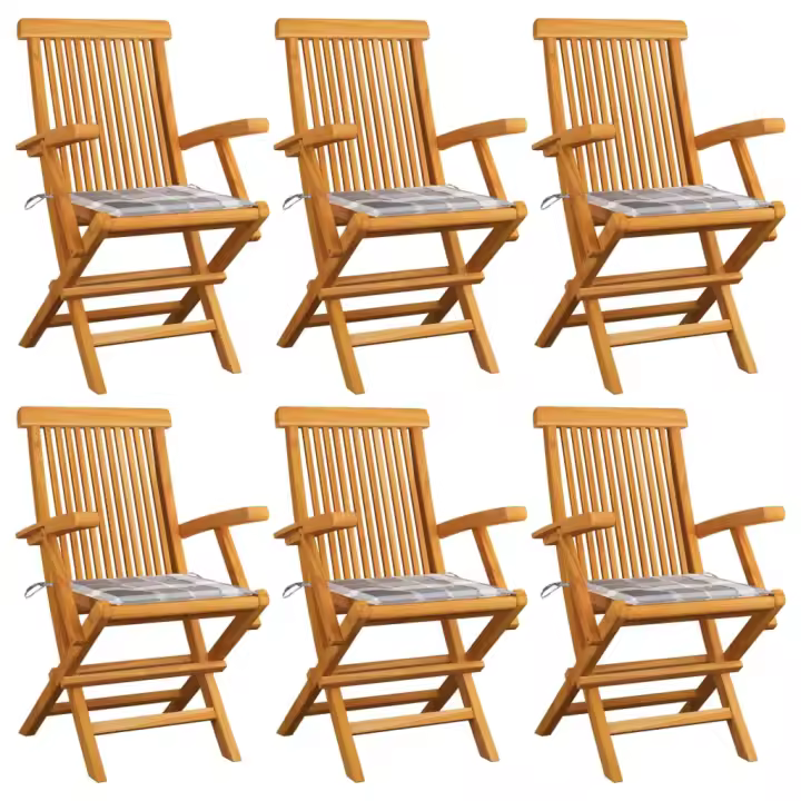 vidaXL Sillas de jardín 6 uds madera teca con cojines a cuadros grises - 1