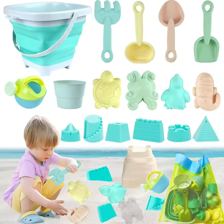 Juego de Juguetes de Playa,18pcs Juguetes De Playa para niños con Cubo Plegable,Juguetes de Arena,Juguete para arenero,Bolsa Juguetes Playa Malla,Moldes de Arena, para Niñas Niños - 1