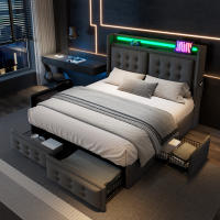 Cama tapizada 160x200, Cama Doble with cabecera LED y Carga USB C, 4 cajón, Cama de almacenamiento with base de listones de madera y Marco metálico, capacidad de carga 300 kg, Gris, algodón (sin colchón) - details 0