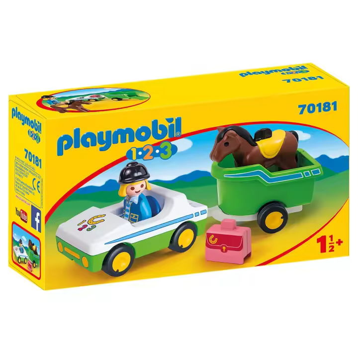Playmobil 1.2.3 Coche con Remolque de Caballo con figuras de jinete y de caballo - Playmobil 70181 - 1