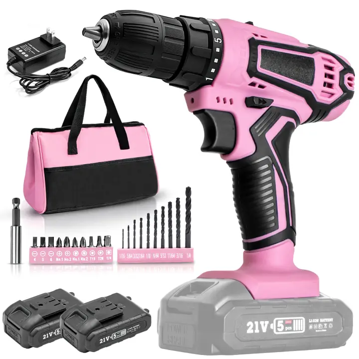 Destornillador inalámbrico de alta potencia, taladro eléctrico recargable, batería de litio, velocidad de 1400rpm, herramientas multifuncionales, taladro de impacto 25 + 1 par 21 V bolsa de diamante rosa juego integrado - 1