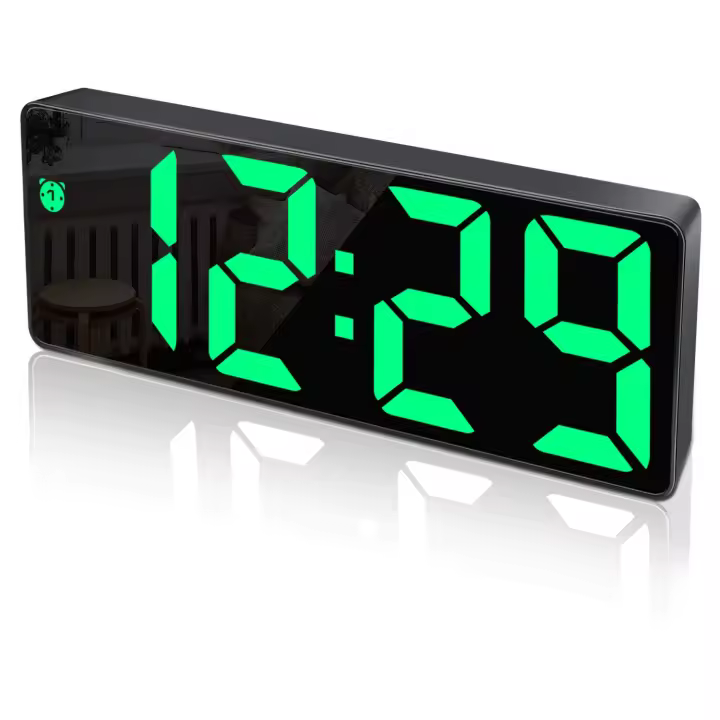 Reloj despertador digital con pantalla LED grande, superficie de espejo, función de repetición y carga USB, brillo ajustable, ideal para dormitorio y oficina. - 1
