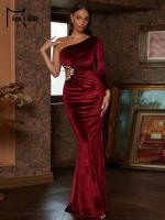 Vestido De Noche Elegante De Veludo Negro Con Diamantes Y Hombro Solo Para Mujer Vestido Slim Para Fiesta De Premiación Y Eventos Elegantes - details 11