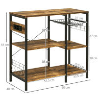HOMCOM Estantería de Cocina Industrial Estante de Cocina con Toma de Corriente Estantes Ajustables Ganchos y Cesta Metálica 90x40x83 cm Marrón Rústico - details 2