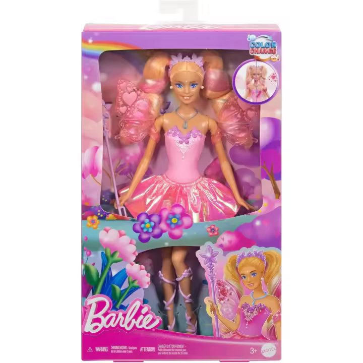 Mattel Barbie Hada Muñeca con varita de juguete y accesorios de moda, temática de fantasía con cambio de color en las alas y el conjunto (JCP76) - 1