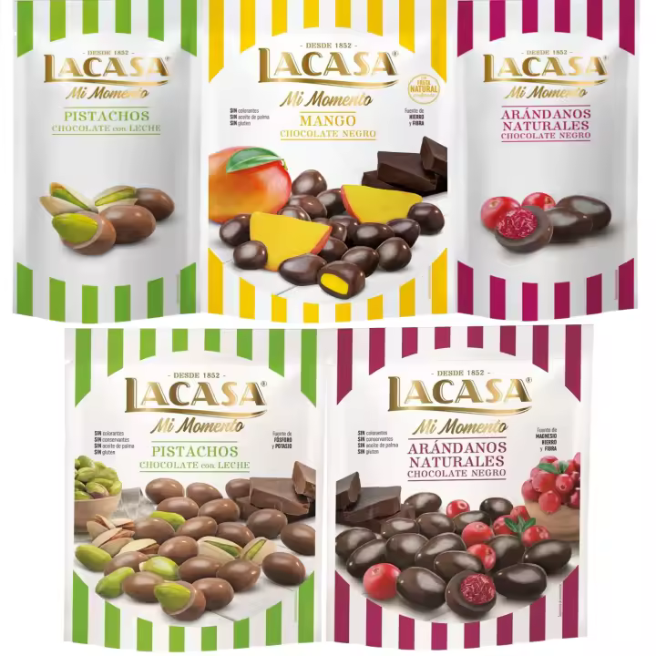 Lacasa Mi Momento pack de 5:Arándano Choco Negro ,Pistacho Choco Leche,Arándano Choco Negro ,Pistacho Choco Leche ,Mango Choco Negro - 1