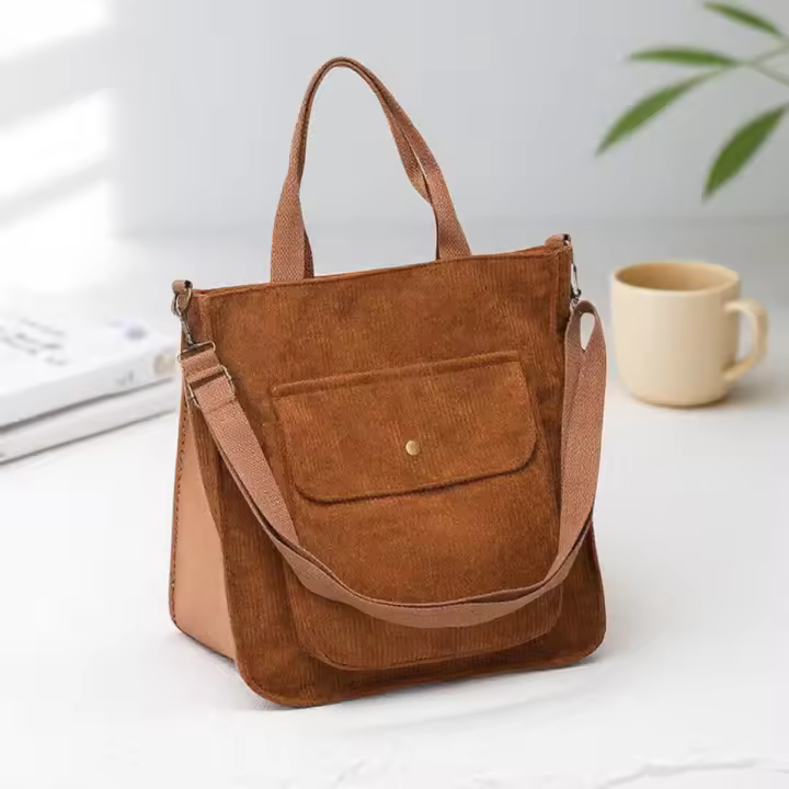 Bolso De Hombro Para Mujer De Corduroy Vintage Con Cierre De Cremallera Y Bolsillo Exterior Bolso De Moda Casual Para Estudiantes Y Compras - 1