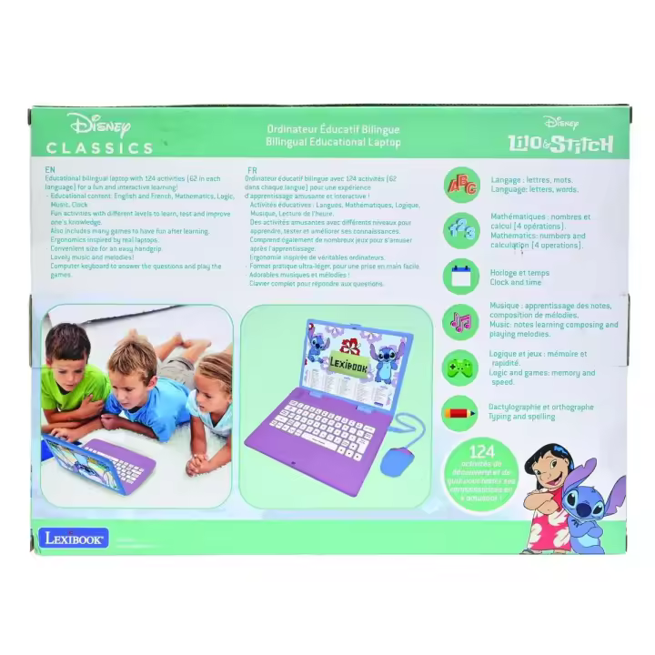 LEXIBOOK - Disney Stitch, Ordenador Educativo bilingüe en inglés/español, 124 Actividades de lenguaje, Escritura, matemáticas, lógica, música y Juegos, para niños y niñas - 1