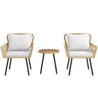 Outsunny Conjunto de Mesa y Sillas de Jardín Exterior Juego de 3 Piezas Sillas y Mesa de Ratán con 2 Sillas 1 Mesa de Centro Redonda y Cojines para Terraza Césped Balcón Natural - details 0