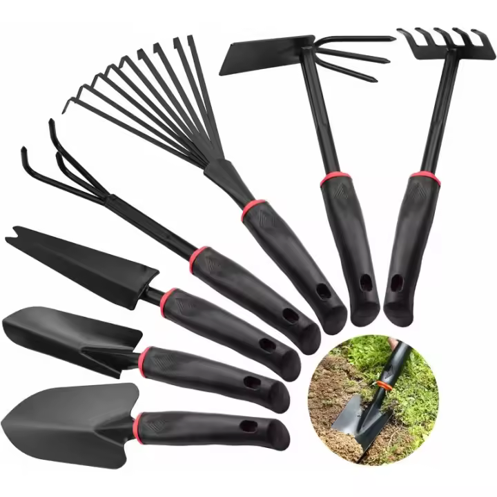 Juego de herramientas de jardinería de 7 piezas, rastrillo cultivador, pala de jardinería, trasplantadores antideslizantes, rastrillo de flores, poda de plántulas - 1