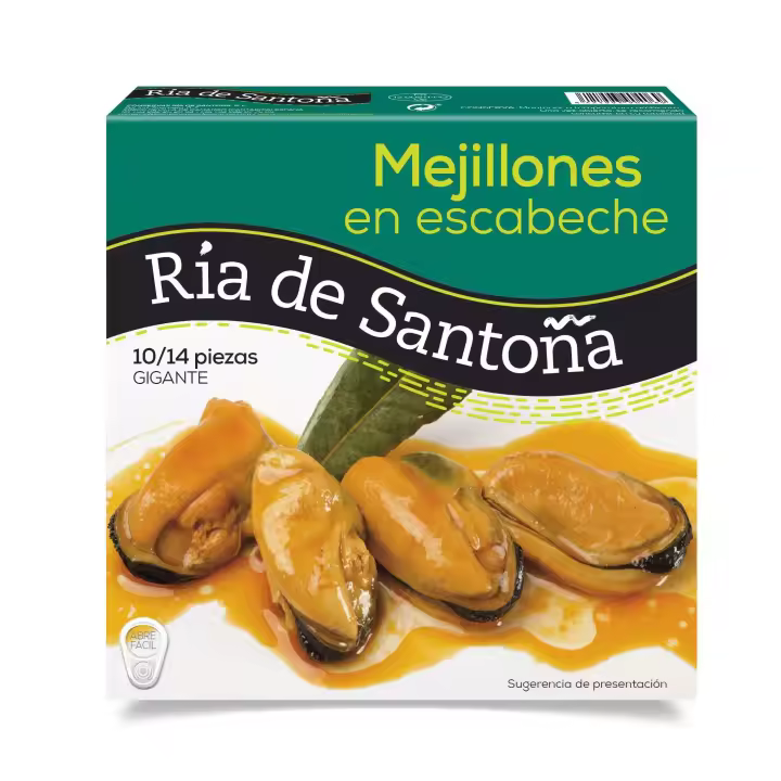 Mejillones en Escabeche Gigantes 10-14 piezas Ría de Santoña, Pandereta de 266g. Deliciosos mejillones seleccionados, producidos en bateas naturales y escabechados con vinagre de vino, especias y aceite vegetal. Perfectos para aperitivos y celebraciones. - 1