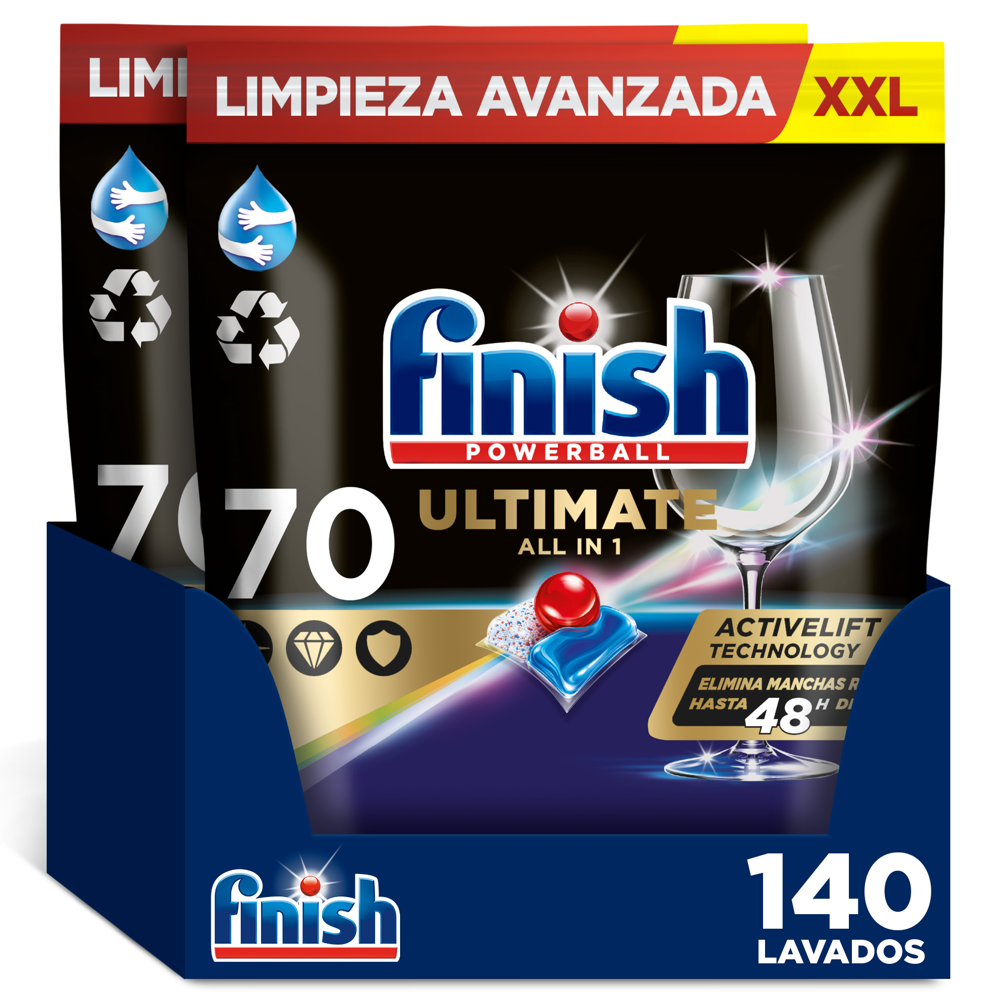 Finish Powerball Ultimate All in 1 pastillas, 140 Cápsulas Lavavajillas, Aroma Regular, Formato 2 Paquetes de 70 Pastillas