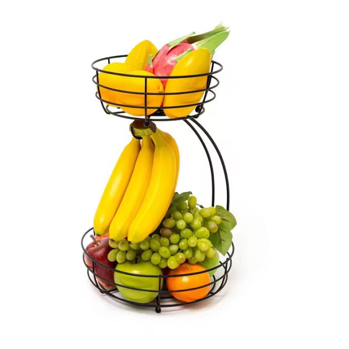 Cesta de frutas, frutero de 2 niveles con colgador para plátanos, estante para encimera de cocina, cuencos de metal perfectos (negro) - 1