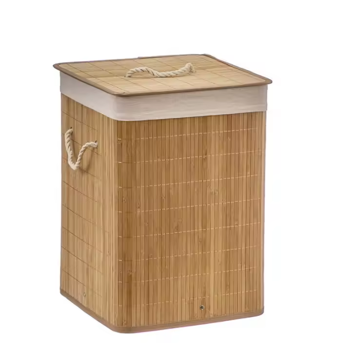 newty Cesto de Bambú con Tapa para la Ropa Sucia Compartimento Cubo Colada Lavandería Plegable con Asa de Cuerda Cesta de Almacenamiento Organizador Cubierta Bolsa Extraíble Laundry Basket Hamper Cuadrad Cuerda Trenzada Bolsa Interior Caña de Alta Calidad - 1