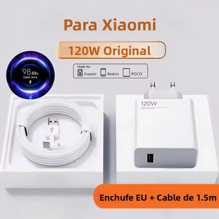 Cargador Ultra Rápido 6A 120W EU Para Xiaomi 11 12 13 14 15 Ultra Redmi Note 11 12 13 POCO F6 X6 pro Tipo C USB Turbo Carga Cable - 1