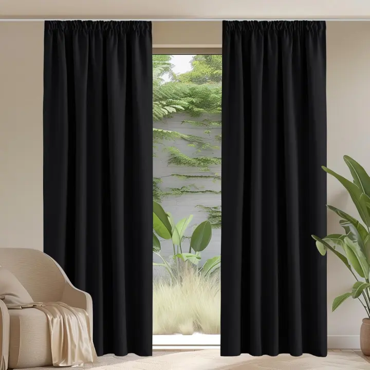 Cortinas Opacas Termicas Aislantes, Curtains for Living Room/Bedroom/Salon Blackout con Ganchos para Rieles 2 Piezas,140x210cm,Negro - 1