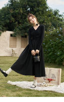 MISHOW Vestido Negro Tejido a Mano Con Ajuste Para Mujer Primavera/Otoño V-cuello Elegante Vintage A-line Midi Vestido MXC59L1640 - details 11