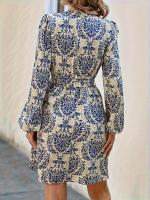 Vestido De Mujer Elegante Primavera Verano Con Cuello En V Manga Larga Estilo Casual De Mano Paisley Patrón Cinturado Longitud Rodilla - details 2