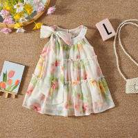 Vestido De Verano Para Bebés Niñas Estilo Florido Con Lazo En El Cuello Y Patrón De Flores Vestido Casual De Poliéster Para Niñas De 0 a 3 Años - details 1