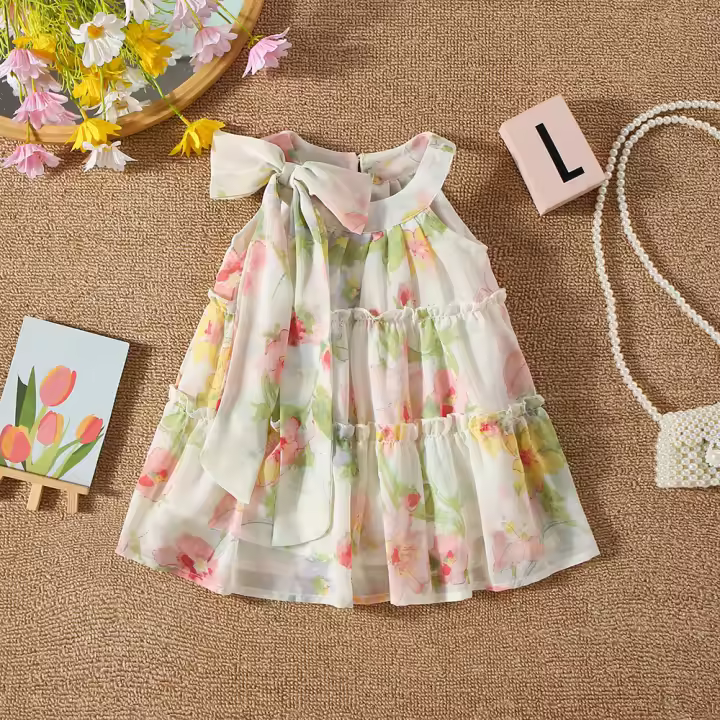 Vestido De Verano Para Bebés Niñas Estilo Florido Con Lazo En El Cuello Y Patrón De Flores Vestido Casual De Poliéster Para Niñas De 0 a 3 Años - 1